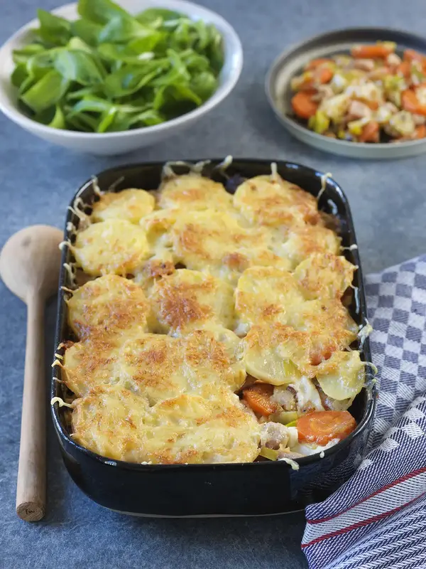 Gratin de légumes d’hiver, chèvre et lardons